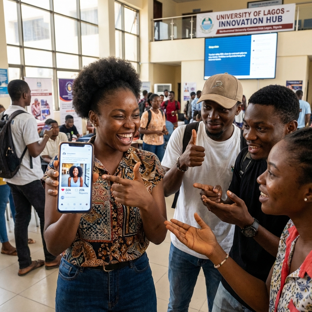 Student celebrating a viral post